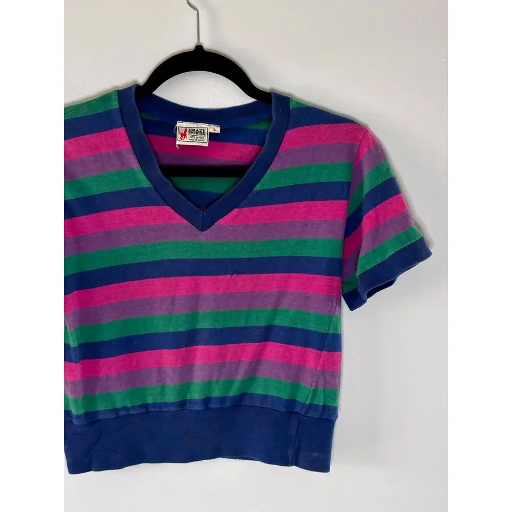 Vintage 1990s Crazy Horse Striped T-Shirt Kids L Fits Adult S Blue Pink Green